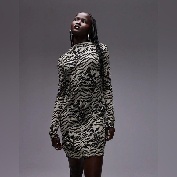 Topshop Dresses & Skirts - Topshop Zebra Print Long Sleeve Crinkle Minidress